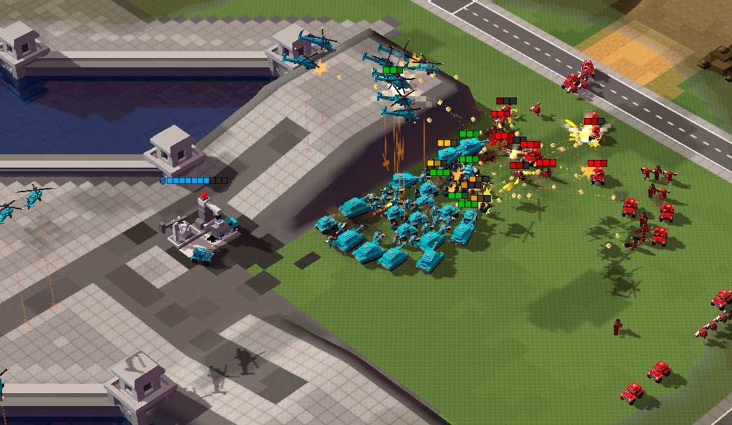 Ein Echtzeitstrategie-Gefecht mit roten und blauen Panzern, Hubschraubern und Soldaten in Klötzchenoptik